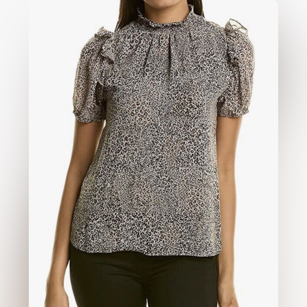 1 State Women’s Leopard Animal Print Puff Sleeve Ruffle Mock Neck Short Sleeve
